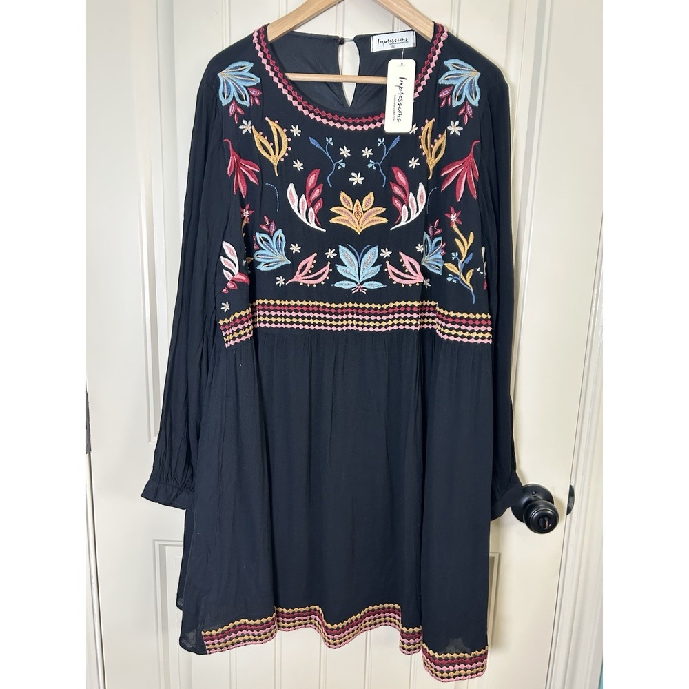 Impressions Women's Floral Embroidered Dress 1X Long Sleeve Babydoll Boho Hippie